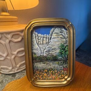 Original Acrylic Landscape Painting Textile Art - Floral Meadow Scene Gold Frame